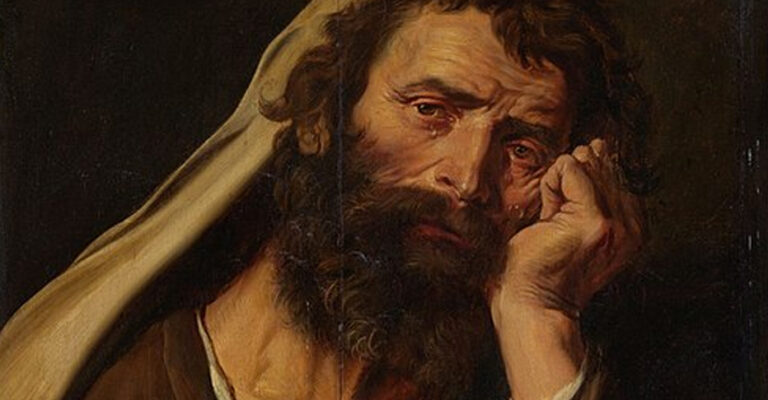 Abraham Janssens I’s Heraclitus, showing the bearded weeping philosopher resting his head on one hand while touching a globe with the other.
