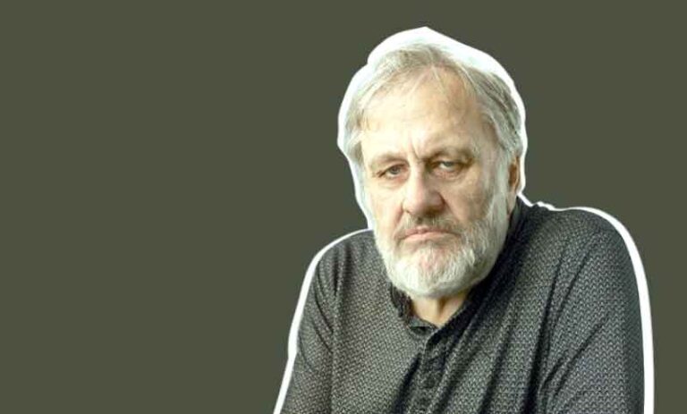 Conceptual portrait of Slavoj Žižek associated with psychoanalysis, self-knowledge, introspection, and the movement from the ego toward an external cause.