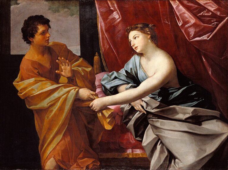 Joseph and Potiphar’s Wife — Guido Reni (First Half of the Seventeenth Century) Guido Reni’s Joseph and Potiphar’s Wife, depicting Potiphar’s wife grasping Joseph’s orange garment beside a bed as he raises his hand and withdraws.