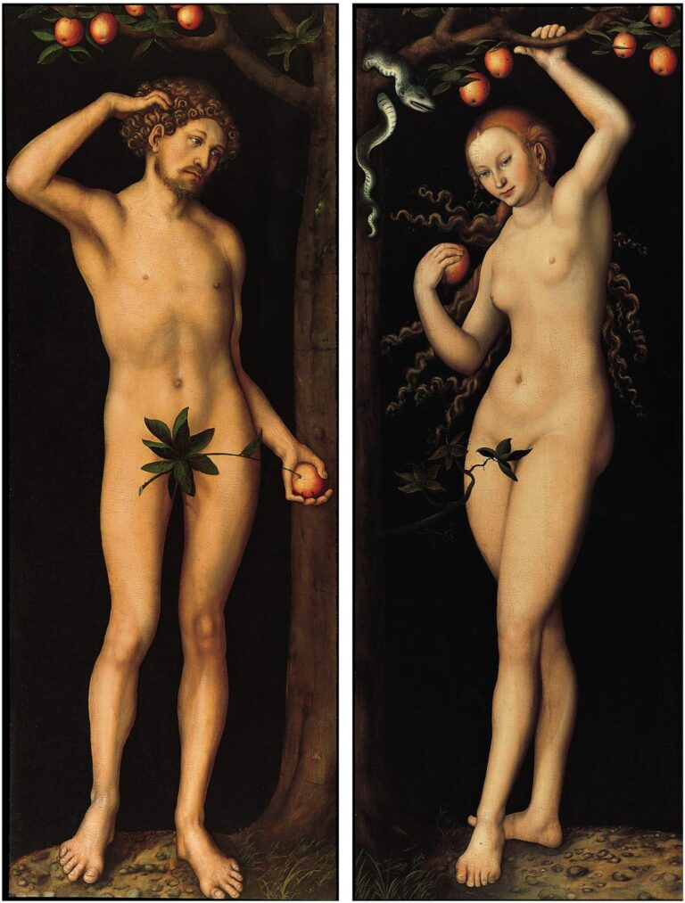 Lucas Cranach the Elder’s Adam and Eve, showing the nude biblical figures in separate panels with apples, concealing leaves, the Tree of Knowledge, and the coiled serpent.