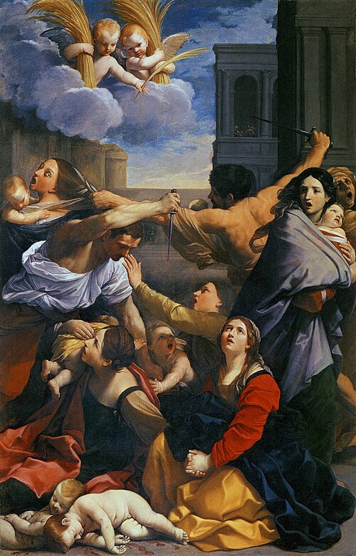 The Massacre of the Innocents — Guido Reni (Early Seventeenth Century) Guido Reni’s The Massacre of the Innocents, depicting armed soldiers attacking mothers and infants within a compressed architectural setting, while two putti carry palm branches above.