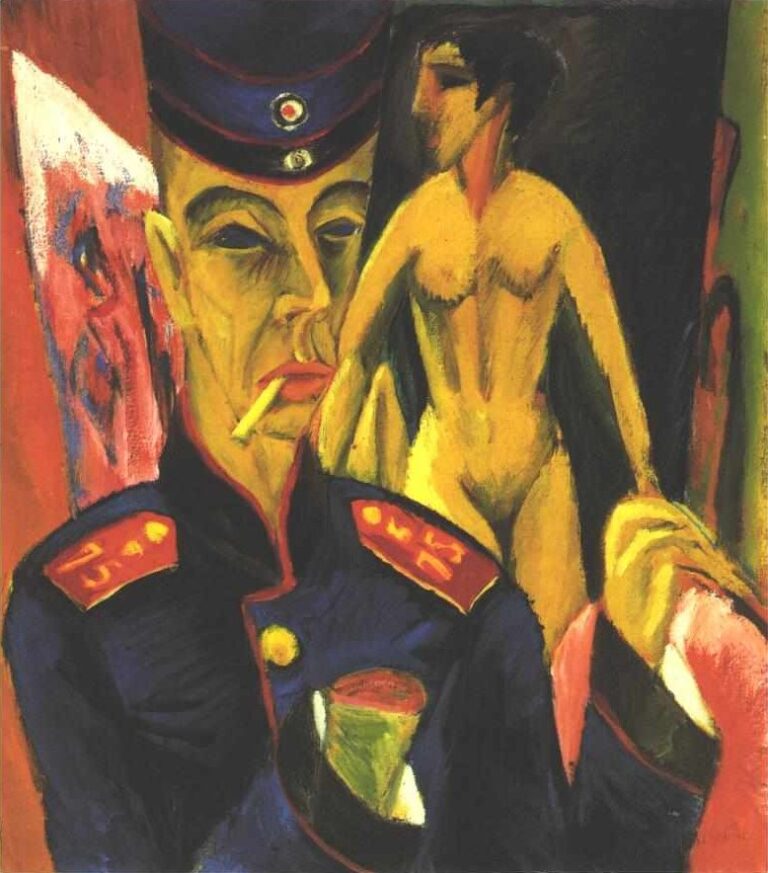 Self-Portrait as a Soldier — Ernst Ludwig Kirchner, 1915 Ernst Ludwig Kirchner’s Self-Portrait as a Soldier, showing the artist in a military uniform with a cigarette and a diminished hand, while a nude female model stands in the enclosed studio behind him.