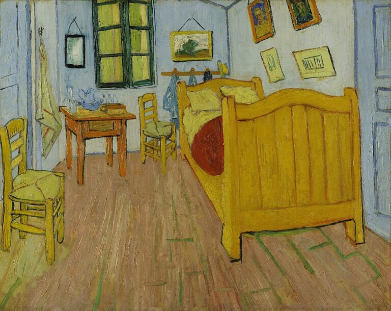 Vincent van Gogh’s The Bedroom in Arles, showing a yellow bed, two wooden chairs, a small table, green window shutters, framed pictures, blue walls, and a distorted wooden floor.