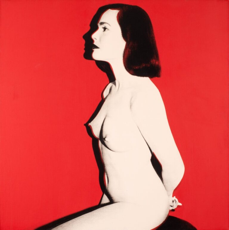 Andy Warhol’s Pat Hearn shows a nude female figure in profile against an intense red background, with the body reduced to high-contrast white and black tones.