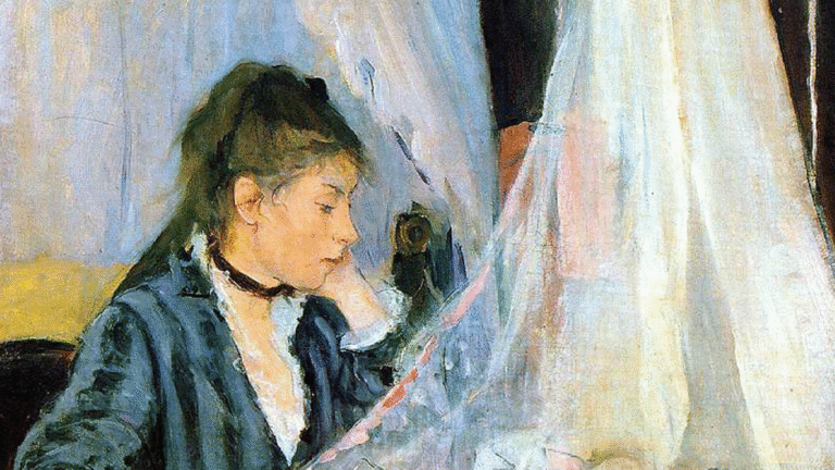 Berthe Morisot – Le Berceau (The Cradle, 1872) Berthe Morisot’s Le Berceau (The Cradle), showing a woman seated beside a cradle as she quietly watches a sleeping baby through delicate gauze curtains.