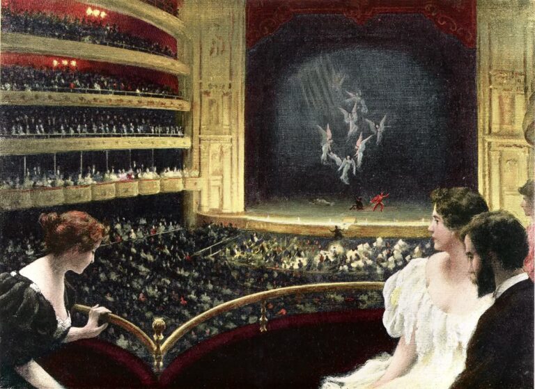 Charles Courtney Curran’s At the Theatre, showing spectators in a theatre box above a crowded auditorium, with a golden railing, red velvet interior, orchestra pit, and a misty illuminated stage in the distance.