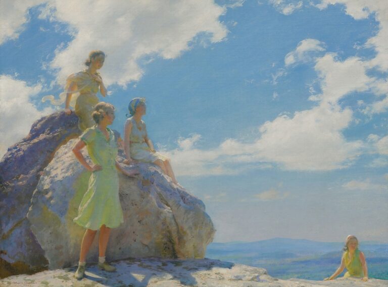 Charles Courtney Curran’s Bear Rocks, showing four women in light summer dresses standing, sitting, and climbing across a high rocky summit beneath an expansive luminous sky.