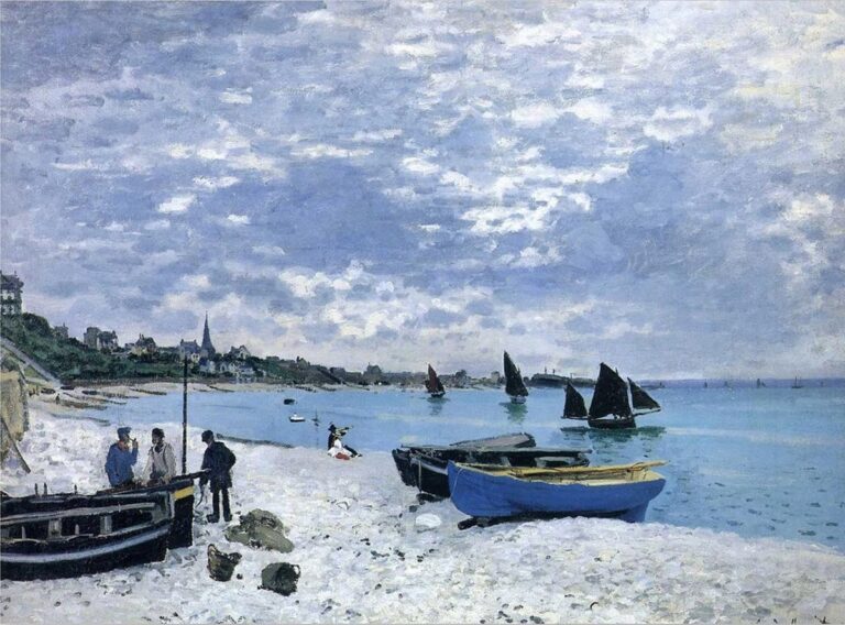 Claude Monet – Beach at Sainte-Adresse (1867) Claude Monet’s Beach at Sainte-Adresse (1867), showing fishermen, seaside visitors, boats on the shore, sailing vessels on the water, and a broad cloudy sky along the Normandy coast.