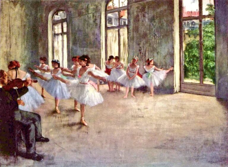 The Silence of Work: On Edgar Degas’s “Ballet Rehearsal” Edgar Degas’s Ballet Rehearsal, showing young ballerinas practicing in an interior rehearsal room while a seated violinist accompanies them, with open floor space and daylight entering through the windows.