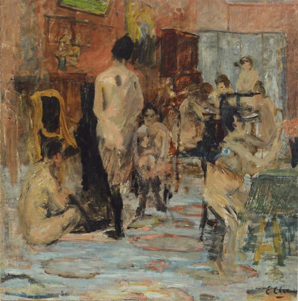 The Dressing Room — Émilie Charmy, c. 1902 Several women, some nude or partially nude, gather across a reddish interior with a blue-grey floor, chairs, furniture, wall decorations, and a standing figure in black stockings at the center.