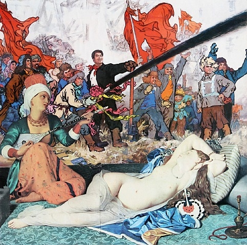Chinese Petroleum — Erró, 1978 Erró’s Chinese Petroleum shows a seated clothed woman and a reclining nude woman in the foreground, with a crowd carrying red flags behind them and a long black diagonal form cutting across the scene.