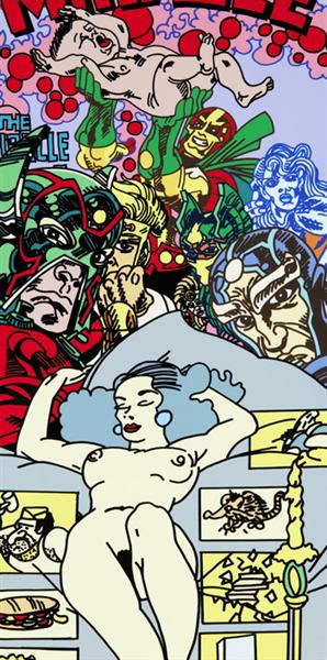 The Dream — Erró, 2008 Erró’s The Dream shows a reclining nude woman on a pale bed below a dense vertical accumulation of faces, masked figures, comic-book-like characters, and a baby-like figure at the top.