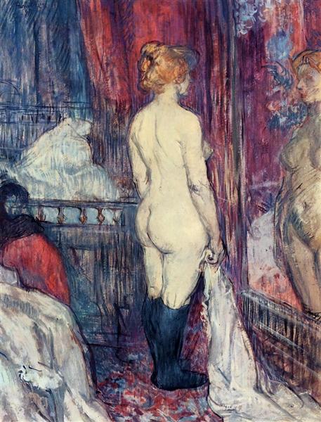 Henri de Toulouse-Lautrec – Nude Standing before a Mirror (1897): Mirror, Gaze, and the Silence of the Burgundy Room A nude woman in black stockings stands with her back turned before a large mirror, where her frontal reflection appears between red-purple curtains beside a bed and seated figure.