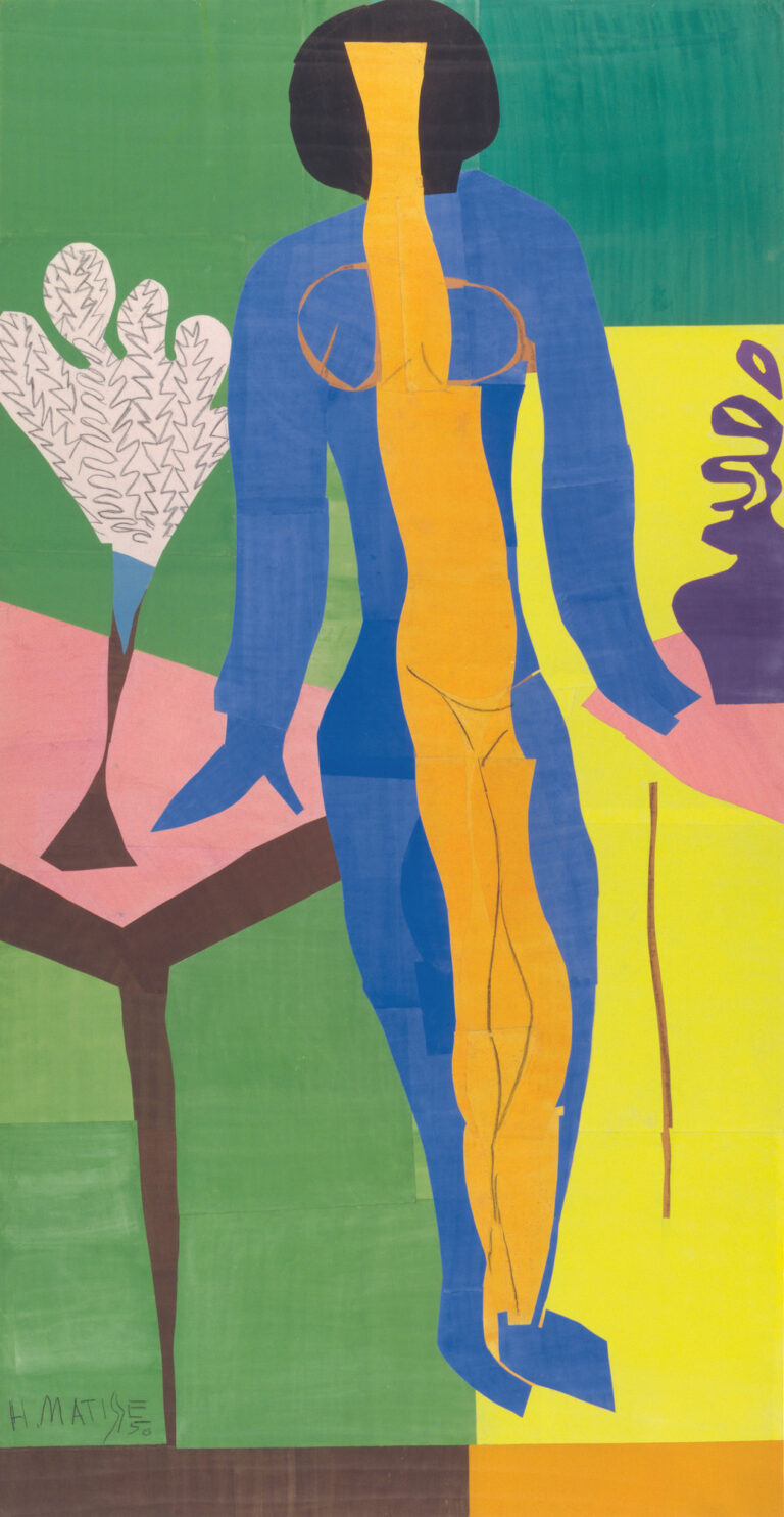 Zulma — Henri Matisse, 1950 Henri Matisse’s Zulma shows a standing female figure constructed from blue, yellow, orange, and black forms, surrounded by green, pink, purple, and white decorative elements.