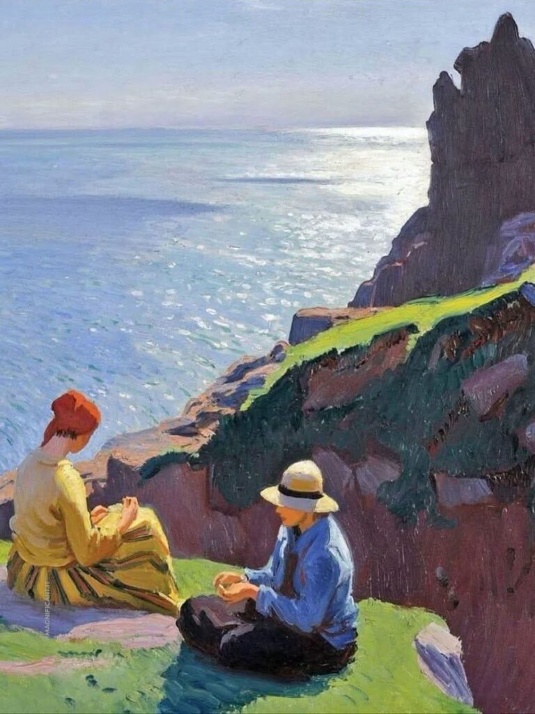 Laura Knight’s On the Cliffs (1913), showing a woman in yellow with a red head covering and a man in a blue shirt and straw hat seated on rocky cliffs above a bright blue sea.