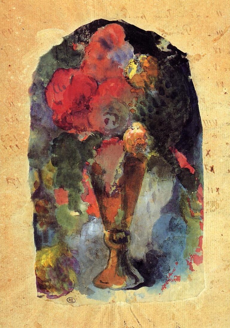 The Silent Explosion of Color — Flowers and Inwardness in Gauguin A dense bouquet of red, purple, green, and yellow flowers fills a vase at the center of the composition, with forms and colors blending into a neutral background.