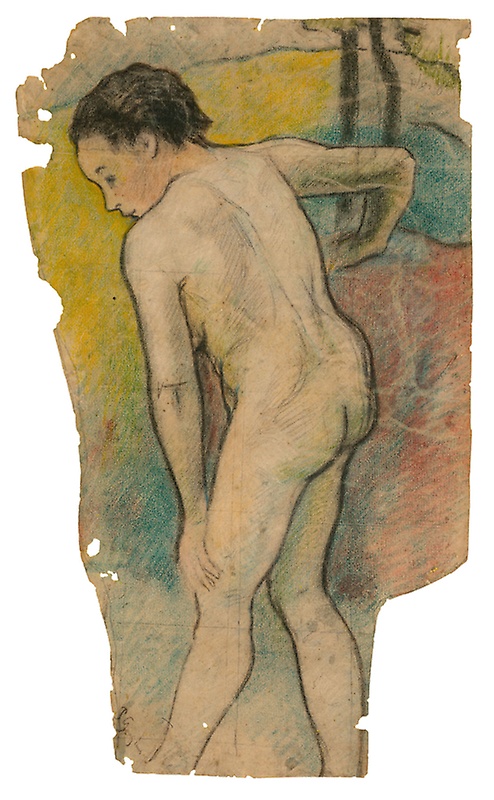 Breton Bather — Paul Gauguin Paul Gauguin’s Breton Bather, showing a nude woman from the side and back with her head bowed, torso bent forward, one hand resting on her knee, and simplified yellow, turquoise, pink, and gray surroundings.