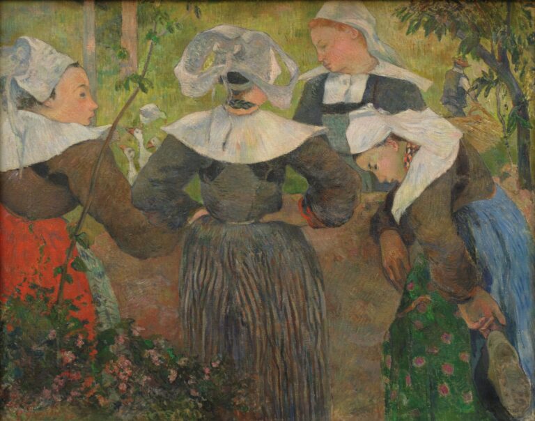 Four women in traditional Breton headdresses and dark clothing gather outdoors, with red, blue, green, and white areas of clothing standing against a brown-green natural setting.