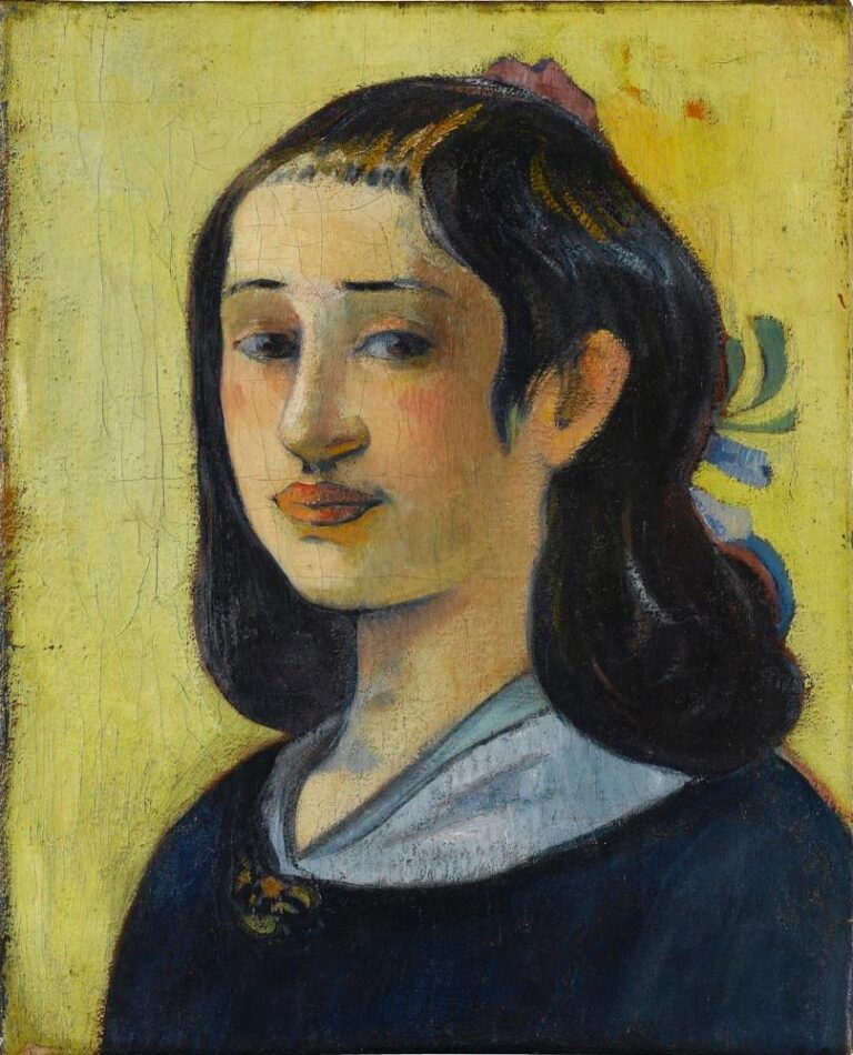 The Artist’s Mother / La Mère de l’artiste — Paul Gauguin Paul Gauguin’s The Artist’s Mother, showing Aline Gauguin as a young woman with dark, curving hair, colored ribbons, a dark blue garment, and a sideward gaze against a yellow-green background.