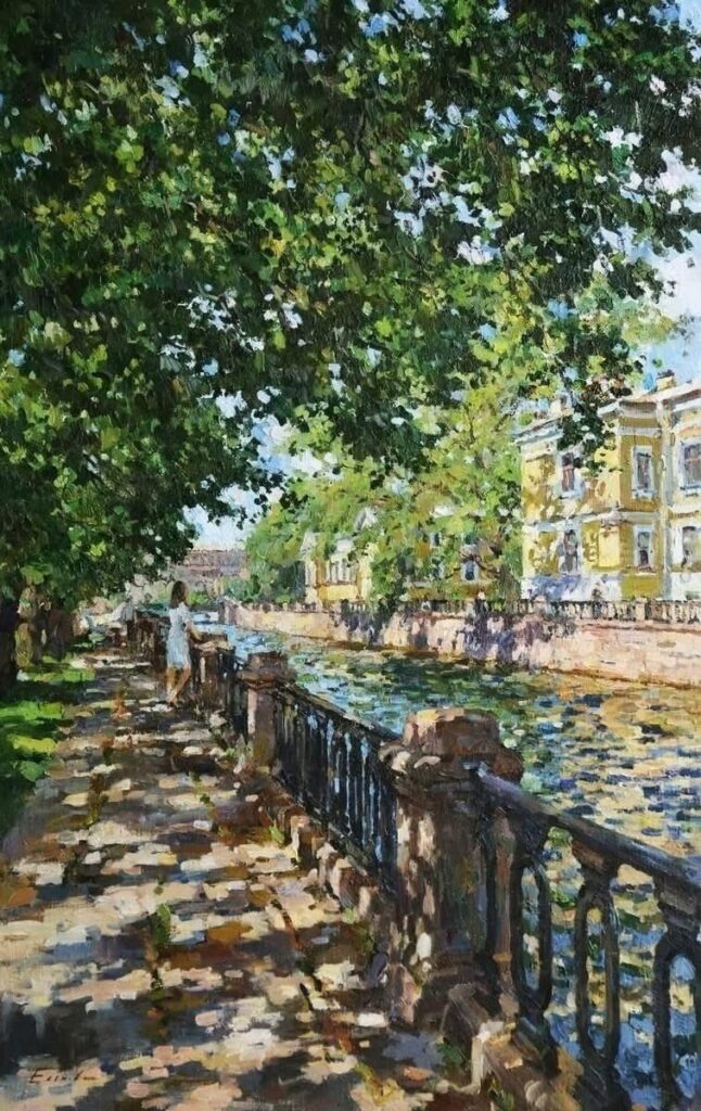Pavel Eskov’s On the Shady Embankment, showing a shaded riverside promenade with pedestrians, yellow buildings, iron railings, trees, and broken reflections of light on the water.