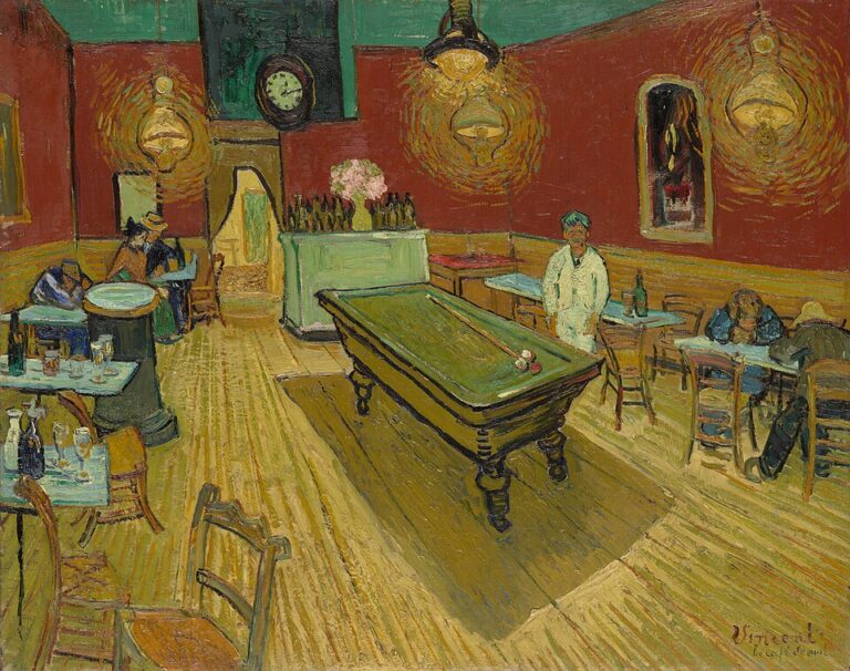 Vincent van Gogh’s The Night Café, showing a red-walled café interior with a green billiard table, yellow floor, hanging lamps, scattered tables and chairs, seated figures, a white-clad attendant, bottles, a counter, and a clock.