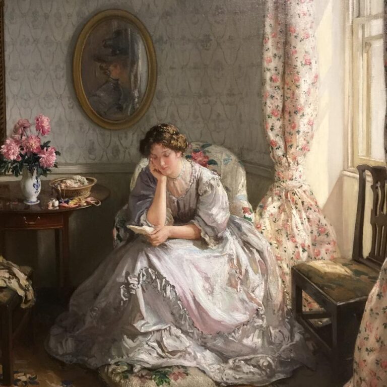 The Silence of the Letter: Emotional Waiting in Walter Russell’s Interiors Walter Russell’s Young Woman Reading a Letter, showing a seated woman in a softly lit interior holding a letter while resting her head on one hand, surrounded by flowers, sewing objects, an empty chair, and a wall portrait.