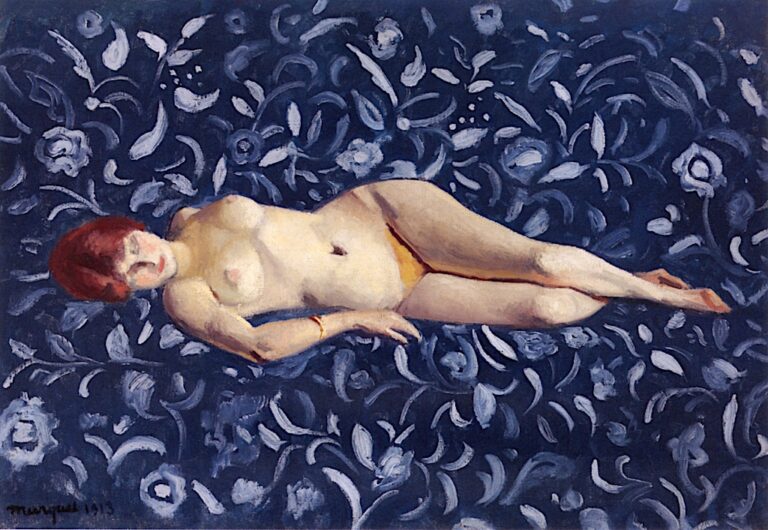 Albert Marquet’s Nude on a Blue Background shows a pale-skinned reclining woman with reddish hair lying against a dark blue surface covered with stylized floral patterns.