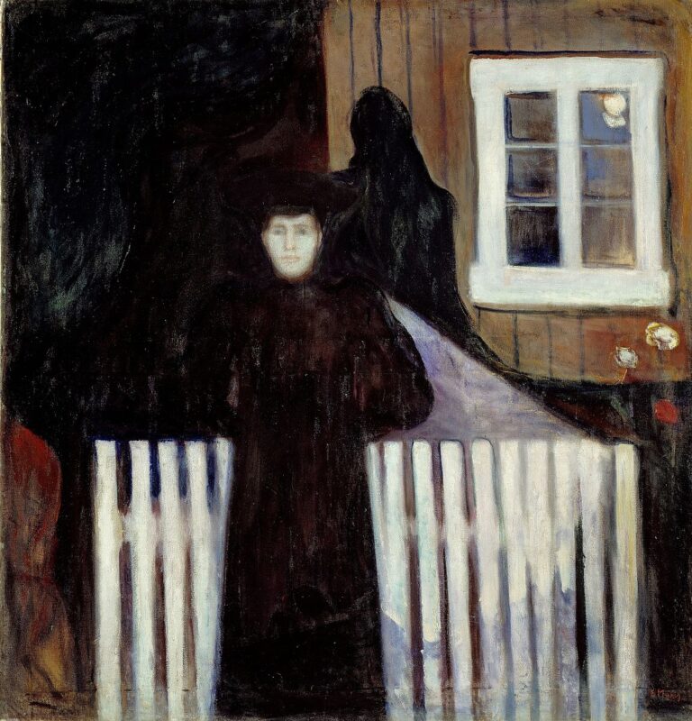 A woman dressed in black stands before a wooden fence and building at night, her pale face illuminated by moonlight while a dark shadow rises behind her and a window appears in the upper right.