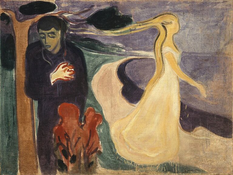 A Memory Made of Hair: Edvard Munch’s Separation In a purple-green coastal landscape, a dark-clothed man leans against a tree while holding his chest, as a woman in a pale yellow dress walks away along the shore and her long golden hair streams backward toward him.