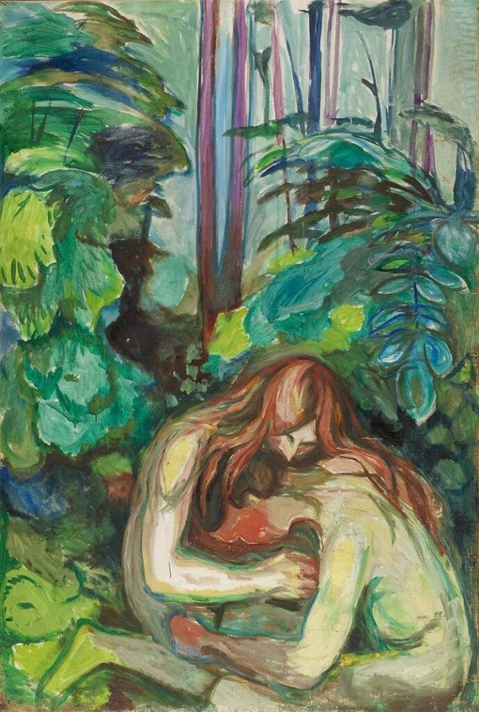 Vampire in the Forest — Edvard Munch (1924–25) Two nude figures are intertwined within a forest, with a long-haired woman embracing a man and burying her head against his neck as red and green tones merge their bodies with surrounding trees and vegetation.