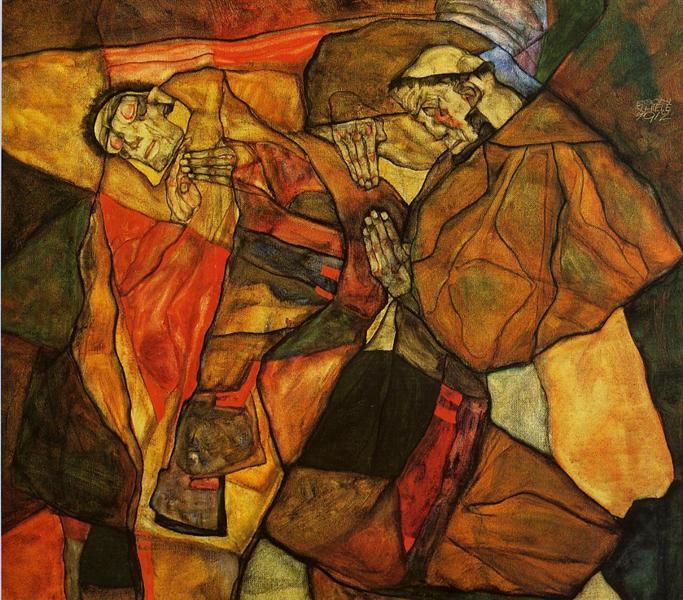 Agony — Egon Schiele, 1912 Two figures lean into one another within fragmented brown, ochre, and rust-red masses, their forms bound by hard black contours, red accents, prayer-like hands, and white folds beneath them.