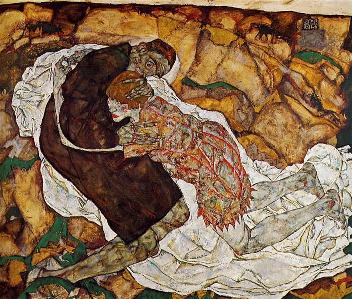 Death and the Maiden — Egon Schiele, 1915 A brown-robed figure representing Death kneels and embraces a young woman in a patterned dress on a white cloth, surrounded by cracked yellow-ochre and green ground, with skeletal hands, lead-grey flesh, closed eyes, and red lips.