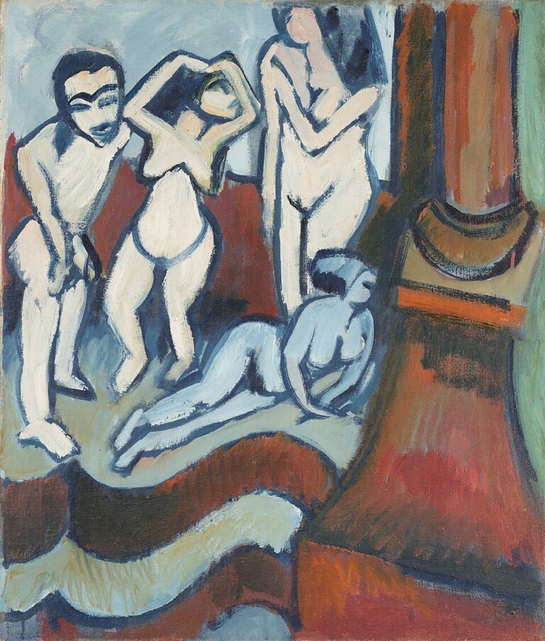 Four Wooden Sculptures — Ernst Ludwig Kirchner, 1912 Several human-shaped wooden sculptures occupy a compressed interior, including a large mask-faced standing figure, a lighter figure with raised arms, a thin upright figure, a reclining pale-blue body, a curled blue form, and a large cylindrical brown mass.