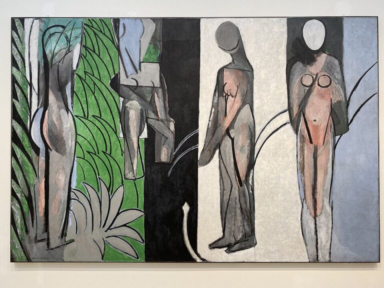 Henri Matisse’s Bathers by a River shows four elongated and fragmented nude figures divided across vertical green, black, gray, and pale fields, with abstract vegetation and a white snake curving along the lower part of the composition.