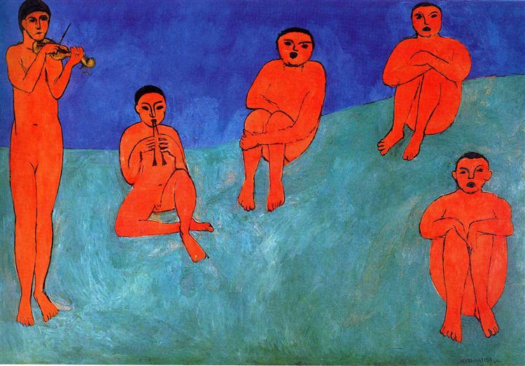 Henri Matisse — Music (1910) Henri Matisse’s Music shows five nude red-orange figures arranged across a green slope beneath a dark blue sky, with one standing figure playing a violin, another seated figure playing a wind instrument, and three others sitting quietly at rhythmic intervals.