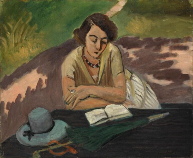 Henri Matisse — Reading Woman with Parasol (1921): Silence Constructed through Color and the Serene Representation of the Female Figure Henri Matisse’s Reading Woman with Parasol shows a seated woman reading in the shade beside a table holding an open book, blue hat, green parasol, and orange-armed glasses, with greenery and violet-brown ground behind her.