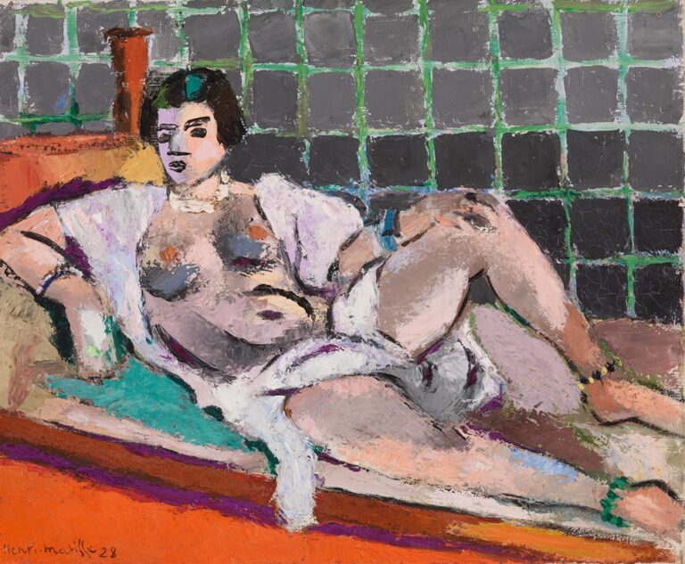 Reclining Odalisque (Nu étendu) — Henri Matisse, 1928 Henri Matisse’s Reclining Odalisque (Nu étendu) shows a partially draped nude woman reclining diagonally on a divan, surrounded by orange, turquoise, violet, gray, and green fields, with a geometric gridded wall behind her and thick violet-black contours defining the figure.