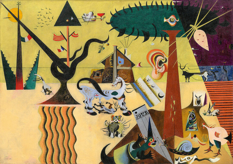 Joan Miró’s The Tilled Field presents a Catalan rural landscape transformed into a dense field of stylized trees, animals, eyes, ears, flags, geometric forms, and biomorphic figures, blending farm life with dreamlike Surrealist imagery.