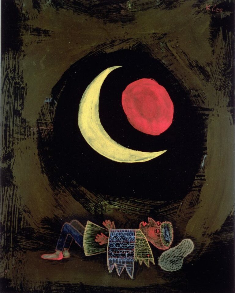 Strong Dream — Paul Klee A reclining human figure appears against a black background beneath a yellow crescent and red circle, with open limbs and clothing covered in geometric and symbolic motifs.